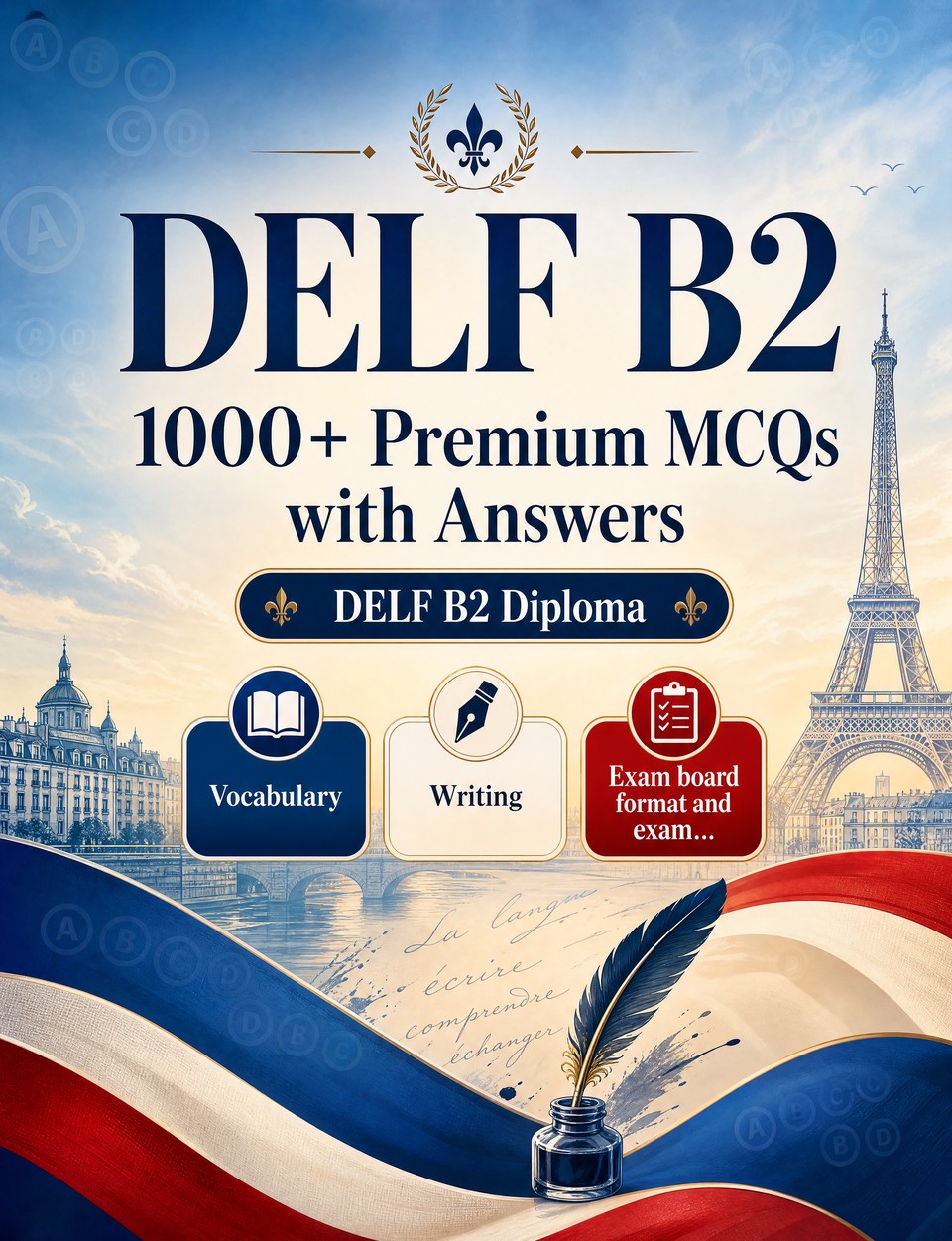 DELF B2 2026-2027 : 1000 MCQ with Answers — Language prep French: Vocabulary, Writing, Spelling, Exam board format, Practice papers and written drills to pass the official language certificate