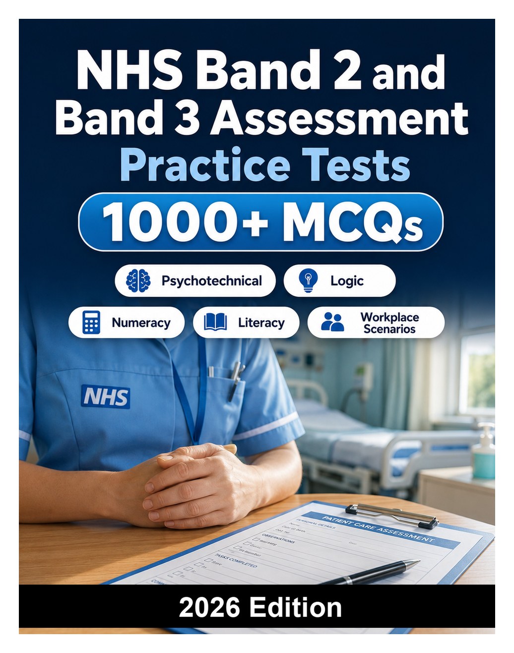 NHS Band 2 and Band 3 Assessment Practice Tests — Numeracy, literacy, workplace scenarios, NHS values and situational judgment practice for healthcare roles